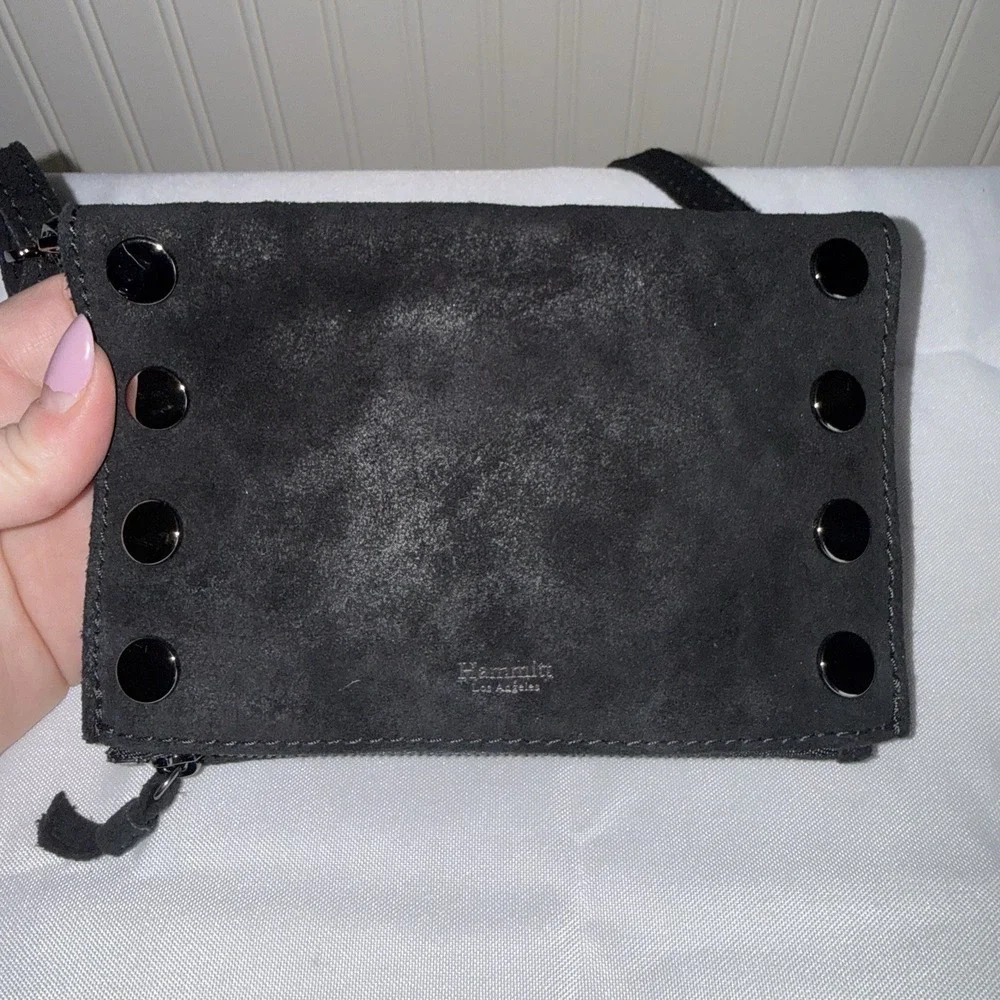 Hammitt Ryan Suede Black Clutch Crossbody Shoulder Bag Purse Gunmetal NWOT
